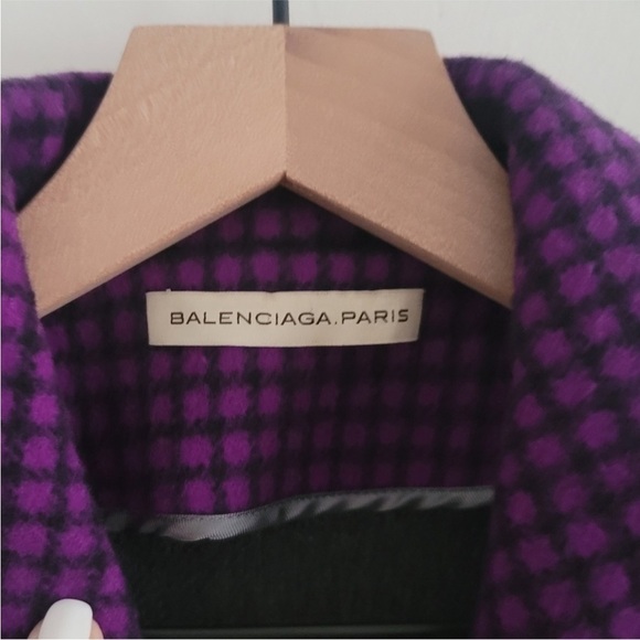Balenciaga Purple & Black Check 100% Virgin Wool Pea Coat - Picture 5 of 11